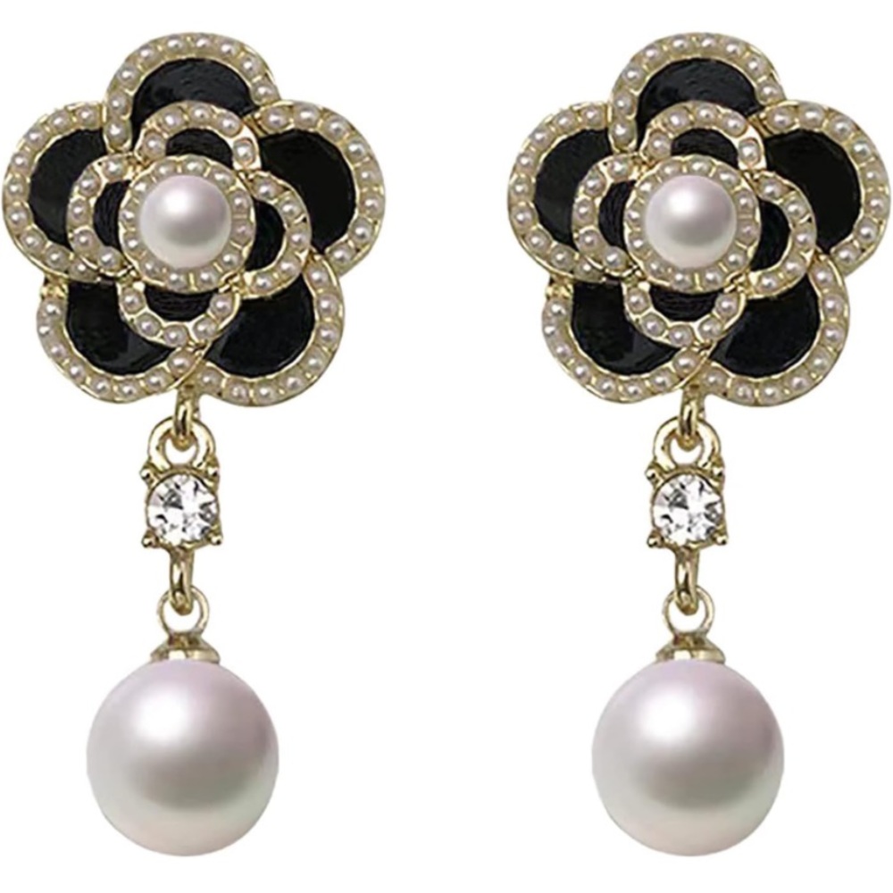 NWT Designer Black & White Flower Camellia Pearl Drop Earrings - Picture 3 of 6